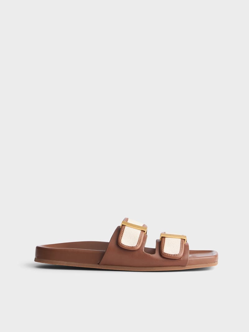 Rue Canvas-Trimmed Leather Slide
